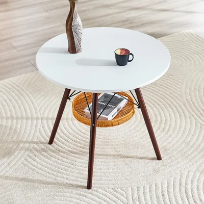 Produktbild von okwish Runder Couchtisch mit Ablagefläche, Beistelltisch Nussbaum Holztischbeine, Sofatisch Für Wohnzimmer, Weiß