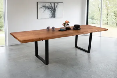 Produktbild von Esstisch Baumkante Akazie natur 220 (320) x 100 U-Gestell schwarz mit Ansteckplatten CALI