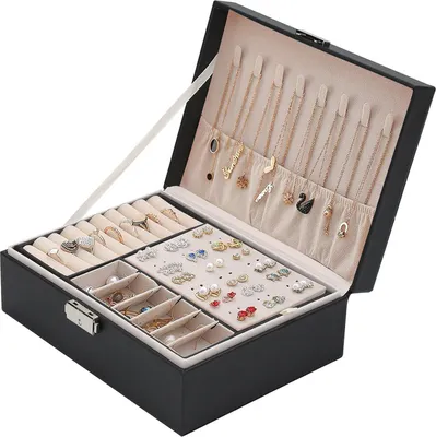 Produktbild von Lospitch Schmuckkasten, Schmuckkoffer, abschließbar, 2 Ebenen, mit Spiegel, für Ringe, Ohrringe, Halsketten und Armbänder,Schwarz