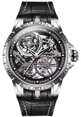 Productafbeelding van Herenuhren GELATU, skeletmodel, met luminescente wijzers, automatisch uurwerk, met leren band, zilverkleurig