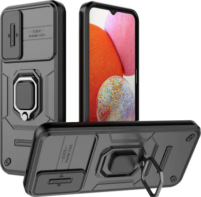 Produktbild von Hülle für Samsung Galaxy A14 5G/4G Dual Layer Handyhülle Schiebe Kamera Schutz und Ringhalter Ständer Schwarz