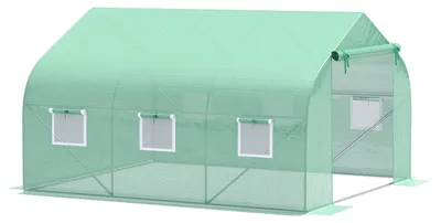 Produktbild von Tomatenhaus Treibhaus, Foliengewächshaus Giebeldach begehbar, PE-Folie verzinkter Stahl, Dunkelgrün  |  15,5 kg  |  6 Netzfenster  |  350x300x200 cm