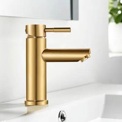 Image de Robinet de lavabo, monocommande, finition or brossé, en acier inoxydable