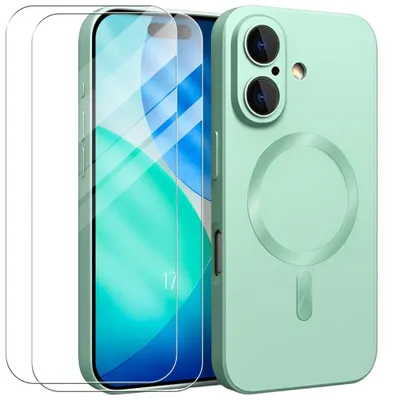 Image de Coque + 2 Verres Trempés pour iPhone 17, Silicone Liquide Slim Anti-Rayures avec Cercle Magnétique Vert