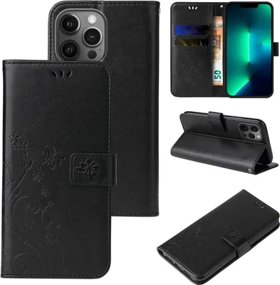Produktbild von Handyhülle für Apple iPhone 13 Pro Max Floral Blumen Schmetterling Flip Cover Hülle Case Klapphülle Handytasche Farbe: Schwarz