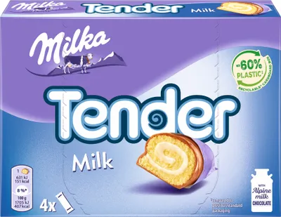The image shows the front of a Milka Tender Milk box, featuring the product name, brand logo, and an image of the product itself.