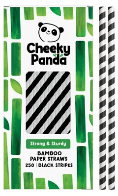 Zdjęcie produktu dla SŁOMKI BAMBUSOWE JEDNORAZOWE Z CZARNYMI PASKAMI, 250 sztuk – CHEEKY PANDA