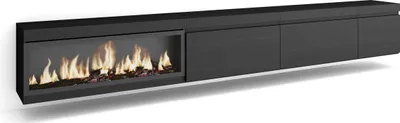 A long, black, wall-mounted TV cabinet with a built-in electric fireplace.
