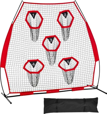 Obrázok produktu pre SucceBuy futbalová tréningová hádzacia sieť (2170 x 1255 x 2230 mm) s 5 terčmi, prenosnou taškou na uloženie a zakriveným rámom, ideálna na tréning presnosti prihrávok zadákov, červená