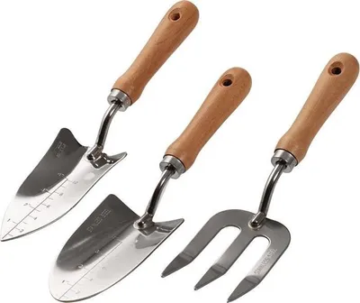 Produktbild von Gartenwerkzeug-Set 3-teilig: Pflanzkelle, Kelle, Pflanzgabel aus rostfreiem Stahl mit Holzgriffen