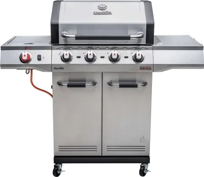 A stainless steel gas grill with a black lid and control panel, shown from the front on a white background.