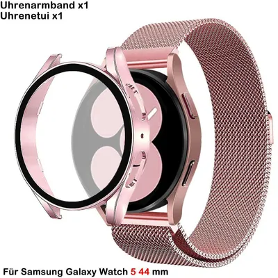 Produktbild von FFO2World Luxus-Milanese-Armband + TPU-Hülle – Passend für Samsung Galaxy Watch 5 (44 mm) – Schutzhülle und s Milanaise-Armband in Roségold
