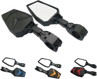 A set of motorcycle mirrors with different colored accents shown against a white background.