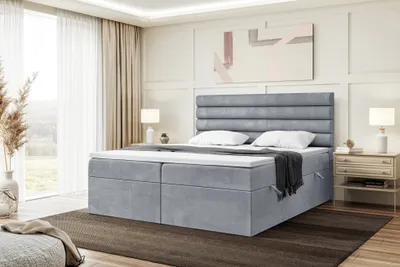 Produktbild von MEBLINI Boxspringbett mit Bettkasten - Gepolstert Doppelbett mit Matratze und Topper - Polsterbett mit Stauraum - Bett mit Kopfteil - Stauraumbett - KARIM - 140x200 - H4/Grau Samt