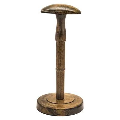 A wooden hat stand with a round base and a mushroom-shaped top, presented on a white background.