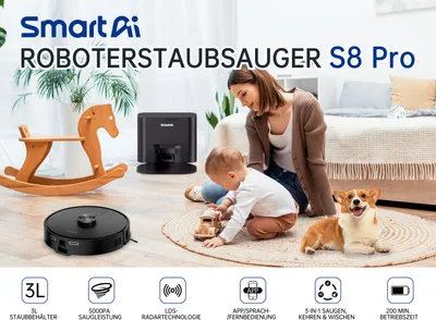 A family (mother, baby, and dog) are in a living room setting with a robot vacuum cleaner and its charging station.
