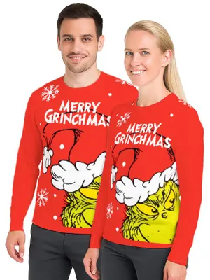 Produktbild von The Grinch Weihnachtspullover für Herren & Damen - Merry Grinchmas Winter Strick Pullover Sweatshirt Ugly Christmas Sweater Uni Weihnachten Rot XL
