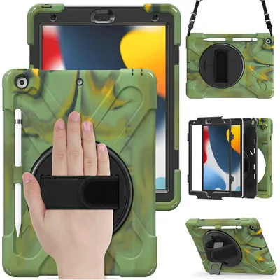Produktbild von Mobigear SureGrip XGuard Hülle für iPad 9 (2021) – Kunststoff, Silikon, Rückseite mit Stifthalter, Schultergurt und Ständer – Tarnmuster