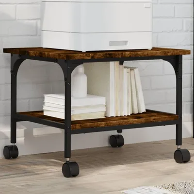 Produktbild von Druckertisch mit 2 Ablagen in Räuchereiche, Rollen und Stahlrahmen, 50x40x38 cm, multifunktionaler Organizer für Büro, Küche und Wohnzimmer
