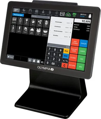 A black point-of-sale terminal with a touchscreen display showing a retail interface.