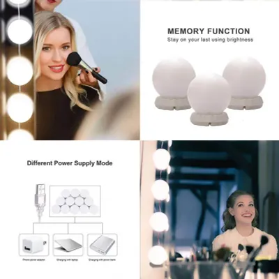 Zdjęcie produktu dla Zestaw lusterek LED Vanity z 10 żarówkami, regulowaną jasnością i 3 trybami oświetlenia, łańcuch świetlny USB do toaletki do makijażu