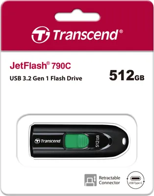 Produktbild von Transcend JetFlash 790 C, 512 GB, USB Typ-C, 3.2 Gen 1 (3.1 Gen 1), Dia, 9 g, Schwarz, Grün