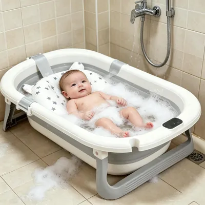 Produktbild von Faltbare XL Baby Badewanne,Reisebadewanne mit Rutschfestem Badekissen,Ergonomisches Design,Baby Bathtub Geburtsgeschenke Für Kleinkinder 72x45x17cm