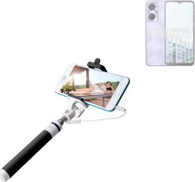Produktbild von K-S-Trade Selfie Stick kompatibel mit Tecno Pop 6  Selfiestick kabelgebunden Monopod mit Kabel Stab Stange Selfportrait Handheldstick schwarz 1x