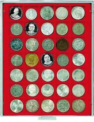 Produktbild von Lindner 2135 Münzbox mit 35 quadratischen Vertiefungen für Münzen/Münzkapseln mit 36 x 36 mm-grau / rote Einlage