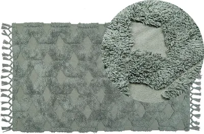 Zdjęcie produktu dla BELIANI Dywan zielony bawełniany 80 x 150 cm minimalistyczny ręcznie tuftowany włochaty z frędzlami wzór geometryczny salon sypialnia