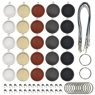 Produktbild von Holz Anhänger Tabletts 25mm 5 Farben Rund Lünette mit Wachsseil & Schnalle 45 Stück für Schmuckherstellung