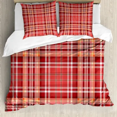 Obrázok produktu pre ABAKUHAUS Kockovaná obliečka na perinu, červená, ružová, oranžová kockovaná vzor s bielymi čiarami, 155 x 220 cm + 80 x 80 cm, tmavá koralová oranžová biela