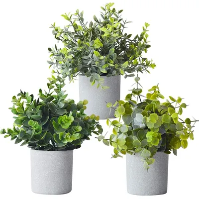 Produktbild von Elzusha – Set mit 3 künstlichen Eukalyptus Pflanzen im Topf – Kleine Dekoration