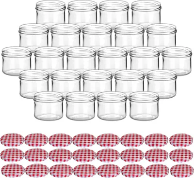 Produktbild von gouveo 24er Set Einmachgläser 230 ml rund mit Schraubdeckel karo-rot - Vorratsgläser mit Drehverschluss TO82 für Marmelade, Konfitüre, Selbstgemachtes
