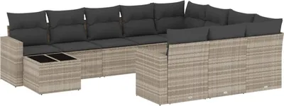 Produktbild von vidaXL 11-tlg. Garten-Sofagarnitur mit Kissen Hellgrau Poly Rattan