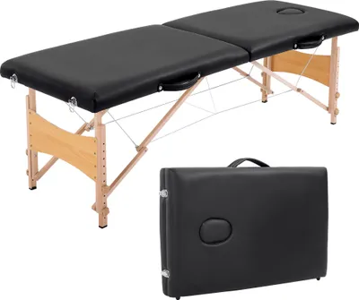 Image de Table de massage pliante, lit de massage 2 zones 186 x 60 cm portable, hauteur ršŠglable, oreiller facial amovible, table esthšŠtique tatouage en bois de hšºtre, sac de transport inclus, noir
