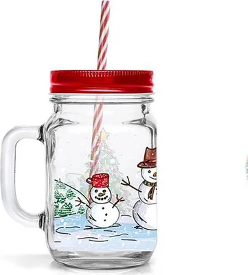 Obrázok produktu pre Pohárka Mason S Víčkom A Brčkom 450Ml Snehulák