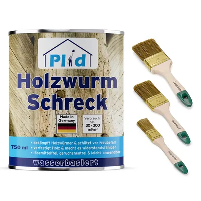 Produktbild von Plid Holzwurm-Schreck farblos 0,75l + Pinselset 3-tlg. / Effektiver Holzschutz Innen & Außen / Holzpflege
