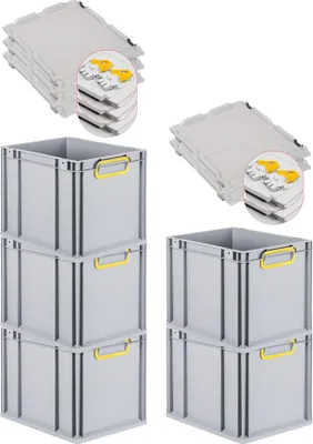 Produktbild von SuperSparSet 5x Eurobox NextGen Color mit Scharnierdeckel und Schiebeschnappverschlüssen | HxBxT 32x30x40cm | 30 Liter | Grau | Griffe gelb geschlossen | Glatter Boden | Eurobehälter, Transportbox, Transportbehälter, Stapelbehälter