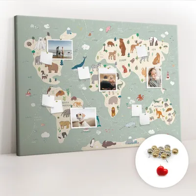 Obrázek produktu pro Korková nástěnka s kolíčky - Tabule s kolíky pro fotografie a poznámky - 140x100 cm - Připínáčky kovové 100 kusů - Mapa světa zvířat