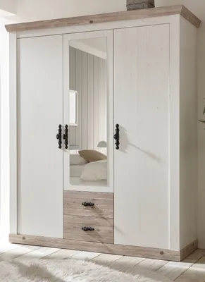 Produktbild von Kleiderschrank "Rovola" Pinie weiß Landhaus Schrank 3-türig mit Spiegel 169 cm