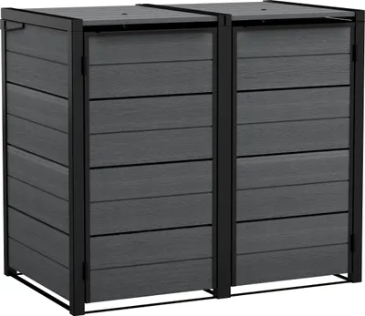 A product shot of two grey outdoor storage bins with black frames, placed side-by-side on a white background.