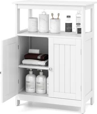A white wooden bathroom cabinet with its doors open, displaying shelves with towels and soap dispensers.
