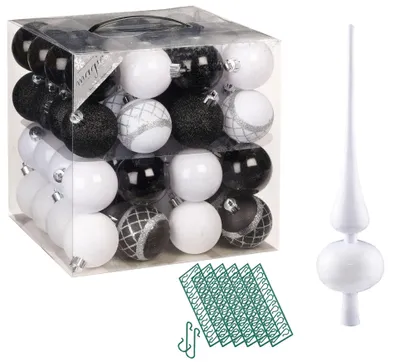 Produktbild von JACK 64x Kunststoff Christbaumkugeln Ø 6cm + Spitze 28cm inkl. Aufhänger Kugeln Schwarz-Weiß