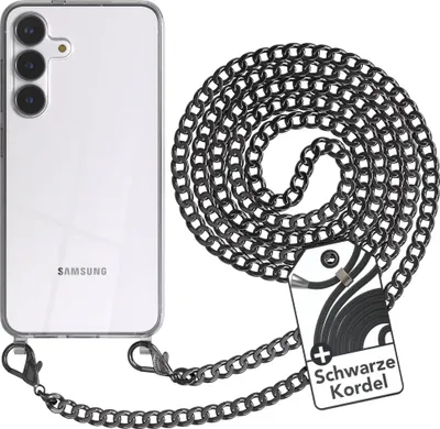Produktbild von EAZY CASE Metall Handykette für Samsung Galaxy S25 FE, Handyhülle mit Umhängeband, Silikonhülle, Metallkette für Smartphone in Grau