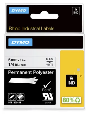 Produktbild von DYMO Rhino Permanentes Polyester-Schriftband 6mm x 5,5m Schwarz auf Weiß