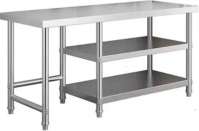 Imagen del producto de Mesa de preparación para metal, robusta mesa de trabajo de acero inoxidable para cocina industrial, con 3 estantes, uno de ellos ajustable, y patas galvanizadas, de 120 x 60 cm