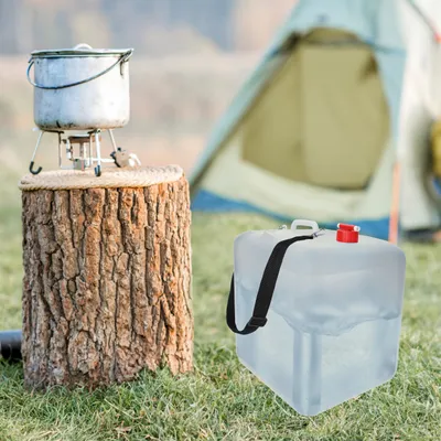 Produktbild von Relaxdays faltbarer Wasserkanister, 4er Set, 20 l, Wasserbehälter mit Zapfhahn & Tragegurt, BPA-frei, transparent/rot