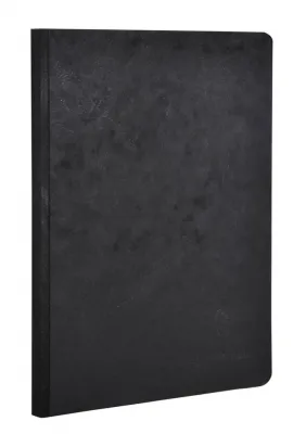 A black notebook is shown against a white background.