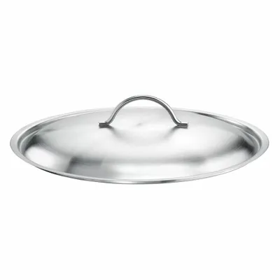 A stainless steel pot lid with a handle, shown from a top-down perspective against a white background.